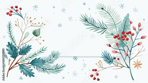 Watercolor winter floral frame with red berries and pine branches decorated with snowflakes