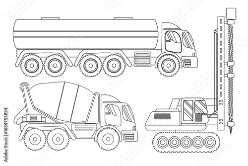 Coloring Page Outline Construction Vehicles Including Cement Mixer Tanker Truck And Pile Driver On White Background