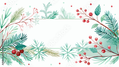 Watercolor winter holiday frame with pine branches holly berries and delicate snowflakes