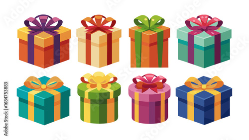 Collection of colorful isometric gift boxes with ribbons and bows on a white background