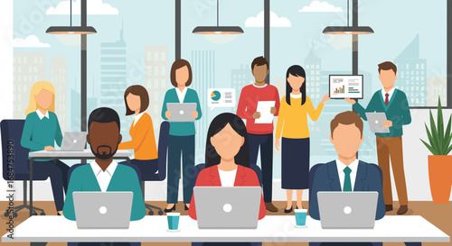 Diverse business team collaborating and working diligently in a modern open-plan office with city views, using technology for productivity and growth.