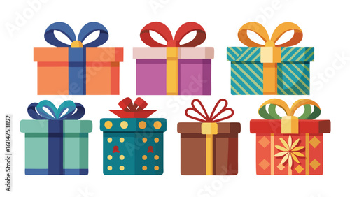 Collection of seven colorful flat design gift boxes with ribbons and bows on a white background