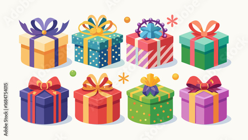 Collection of eight colorful isometric gift boxes with decorative bows and ribbons for celebrations