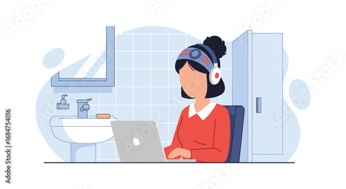 Woman in headphones and a brain-sensing headband working on a laptop in a bathroom setting. Depicts remote work, multitasking, or personal wellness technology integration.
