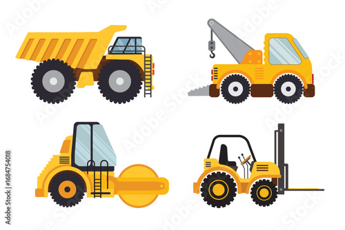 Illustration Set Of Various Yellow Construction Equipment Including Dump Truck Crane Roller And Forklift. Vector collection