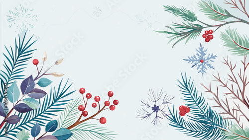 Winter botanical border with festive red berries pine needles and delicate snowflakes