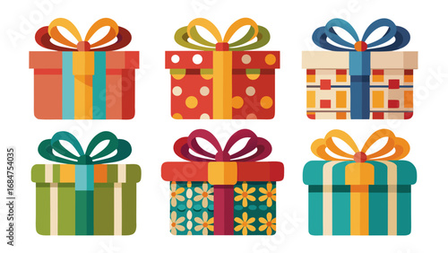 Collection of six colorful flat design gift boxes with ribbons and bows
