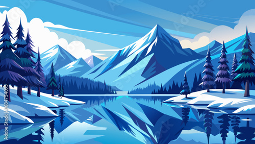 Vibrant geometric winter landscape with snow capped mountains reflected in a calm lake