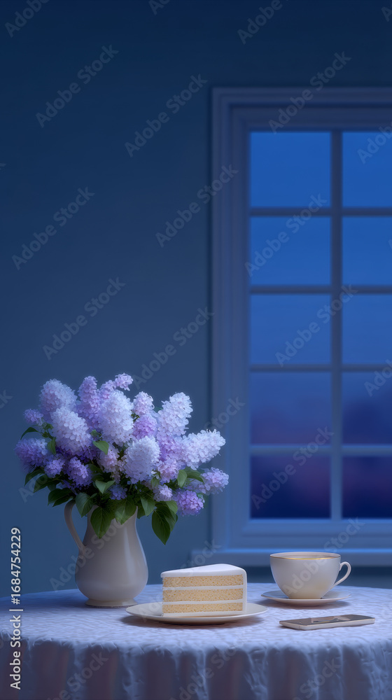 Fototapeta premium Cozy order of food with cake and coffee near me on table by window with vase of lilac flowers creating calm online atmosphere