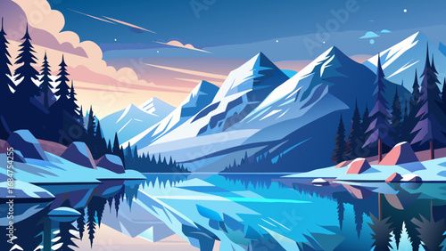 Serene winter mountain landscape with snow capped peaks reflected in a calm lake at dawn