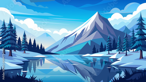 Serene winter landscape with snow capped mountains reflecting in a calm lake surrounded by pine trees