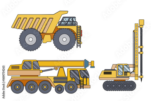 Illustration Of Construction Vehicles Including Dump Truck Crane And Drilling Machine. Heavy Vehicle Collection Set vector illustration