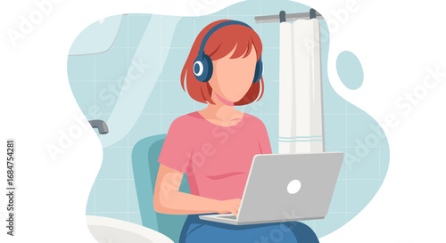 Young woman in headphones working on a laptop while sitting in a bathroom, illustrating remote work, flexibility, and unique workspaces.