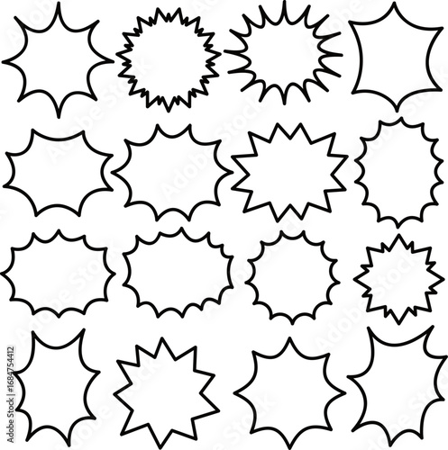 The jagged speech balloon set is a cartoon decoration with an explosion burst surprise emphasis in black and white. / ギザギザした吹き出しセット 漫画 装飾 爆発 破裂 驚き 強調 黒 白