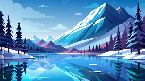 Vibrant geometric mountain landscape with a still lake reflecting snow covered peaks and pine trees