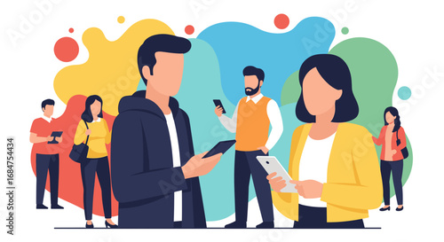 Diverse people engaged with smartphones and tablets, illustrating digital communication, social media, and modern connected lifestyles.