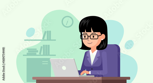 A smiling businesswoman diligently works on her laptop in an office setting, representing productivity, education, or remote work concepts.