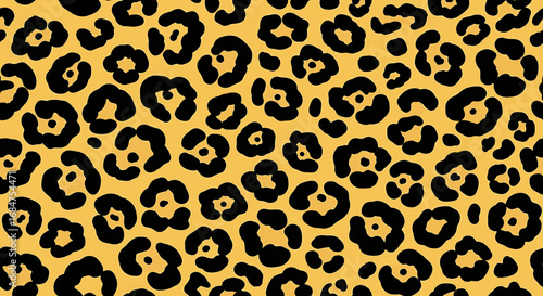 seamless leopard print pattern, yellow background, black spots.