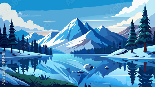 Serene winter landscape with snow capped mountains reflecting in a calm lake