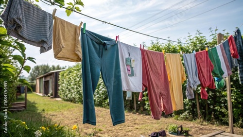 Clothes hanging on a line in a sunny outdoor setting. forever chemicals concept