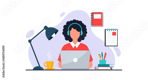 Person in headphones working remotely on a laptop with coffee and notes. Concept of online education, telecommuting, or virtual meeting for modern business and lifestyle.