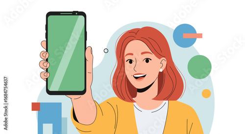 A cheerful woman presents a smartphone with a blank green screen, perfect for showcasing mobile apps, online services, or digital content. Ideal for technology, business, or lifestyle themes.