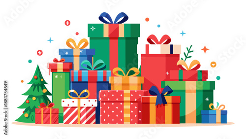 Vibrant pile of christmas gifts and decorated tree with festive ornaments and stars