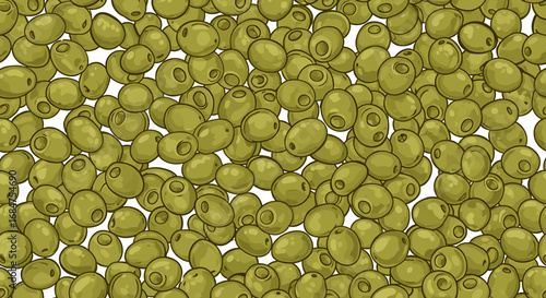 A close-up view of a large pile of green olives, filling the frame completely.