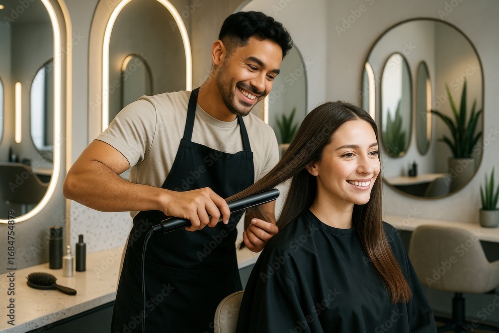 Fototapeta premium Smiling hairstylist straightens woman's hair in modern salon with warm lighting and stylish interior background, showing beauty care service concept. Ai generative