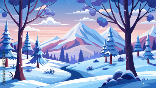 Stylized winter landscape with snow covered mountains and a winding river at sunset