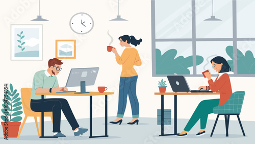 Team of diverse professionals collaborating and working efficiently in a bright, modern office. Promoting productivity, teamwork, and a positive work environment.