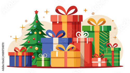 Festive christmas tree surrounded by a colorful assortment of beautifully wrapped gift boxes and sparkling stars