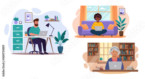 Diverse individuals work, learn, and connect remotely from comfortable home settings using laptops. Ideal for themes of online education, remote work, and digital lifestyle.