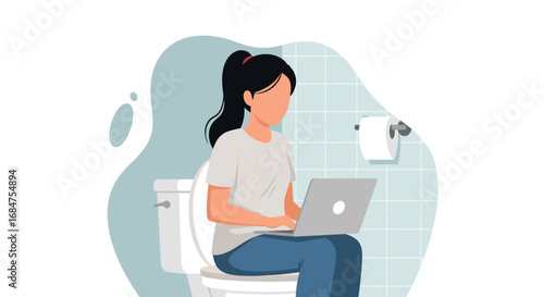 Woman working on a laptop while sitting on the toilet, depicting remote work, multi-tasking, or the blurred lines between personal and professional life.