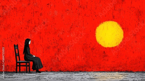 Wallpaper Mural Woman in Black Dress Contemplating Large Yellow Sun Against Red Textured Background Torontodigital.ca