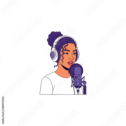 Young woman with purple headphones and curly hair recording her voice on a professional studio microphone.