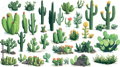Diverse collection of realistic cacti and succulents displayed against a clean white background
