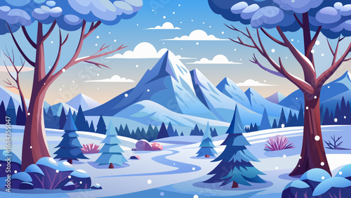 Stylized winter landscape with snow covered mountains evergreen trees and falling snow