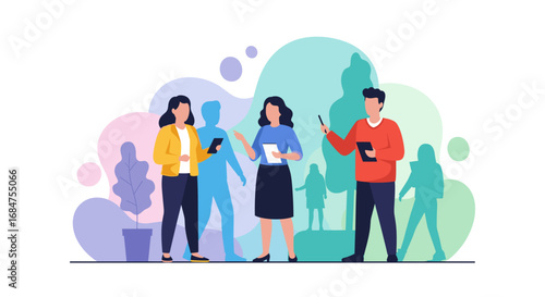 Business professionals collaborate and discuss ideas in a modern office setting. Ideal for themes of teamwork, communication, and strategy.