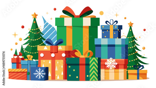 A festive collection of colorful christmas presents and decorated trees with a white background