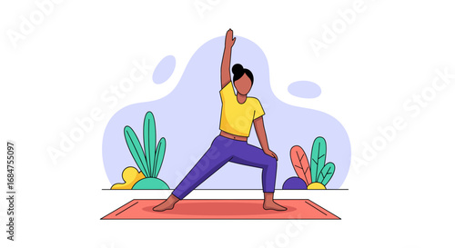 Energetic woman practices yoga on a mat, demonstrating flexibility and balance. Represents health, fitness, and mindful living for lifestyle or wellness concepts.