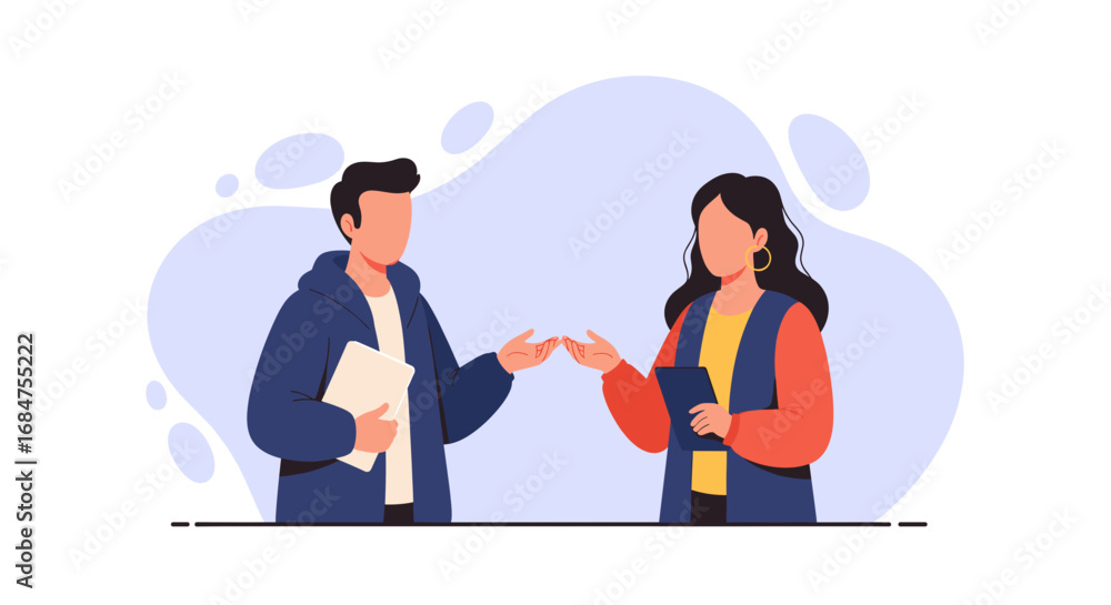 Two colleagues discuss work, exchanging ideas in a professional setting. Ideal for business, teamwork, or communication concepts. Two colleagues discuss work, exchanging ideas in a professional setting. Ideal for business, teamwork, or communication concepts.