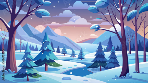 Stylized winter landscape with snow covered trees and gentle mountains under a colorful sky