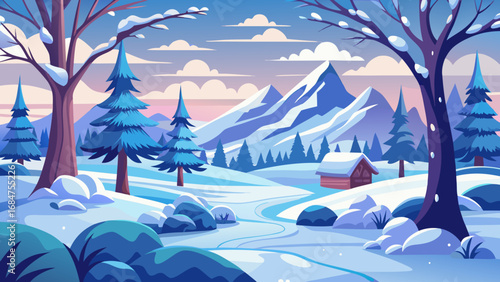 Idyllic winter landscape with snow covered mountains pine trees and a cozy cabin