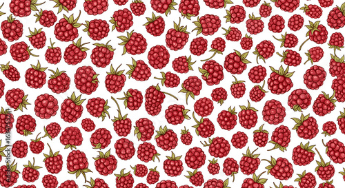 A vibrant and detailed illustration of numerous ripe raspberries scattered across a clean white background, showcasing their textured surfaces and green stems.