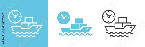 flat and linear set icons, time transportation on cargo ship icon, big marine vessel, sea transport, commercial container delivery, simple symbols on white and black background, vector illustration