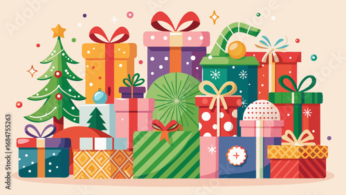 Vibrant collection of colorful christmas presents and a decorated evergreen tree with festive elements