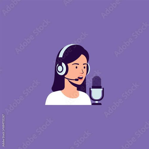 An illustration of a young woman with headphones and a microphone, podcasting or working at a call center.
