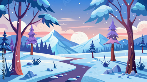 Stylized winter landscape with snow covered mountains and a winding river at sunset
