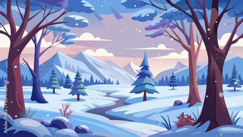 Serene winter landscape with snow covered mountains and winding river under a pastel sky